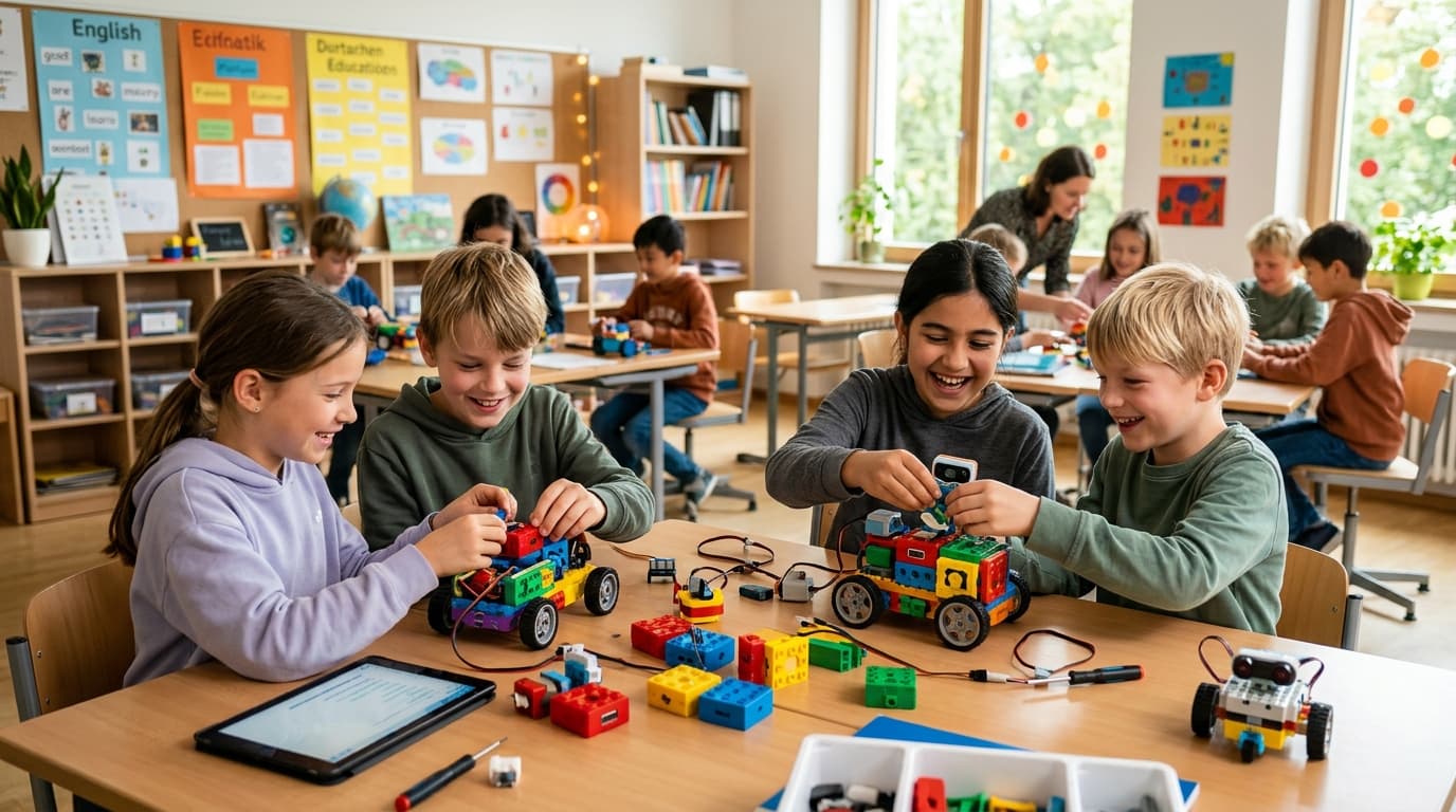 Children building robots in a bright European classroom